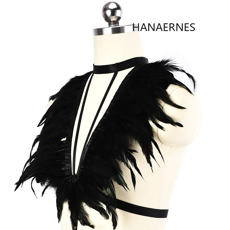 HANAERNES Black feather epaulette bra restrained shoulders holiday prom wearing steampunk goth body suspenders underwear