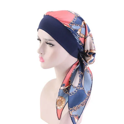 Muslim Women Print Cotton Turban Hat Headscarves Pre-Tied Cancer Chemo Headwear Bandanas Headwrap Caps Navy Chain