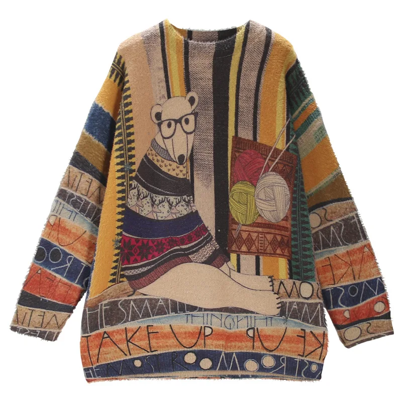

Autumn Winter Sweater Large size Women Knitting Loose Pullovers New Ladies Tops O-Neck Print Character Casual All-match Sweater