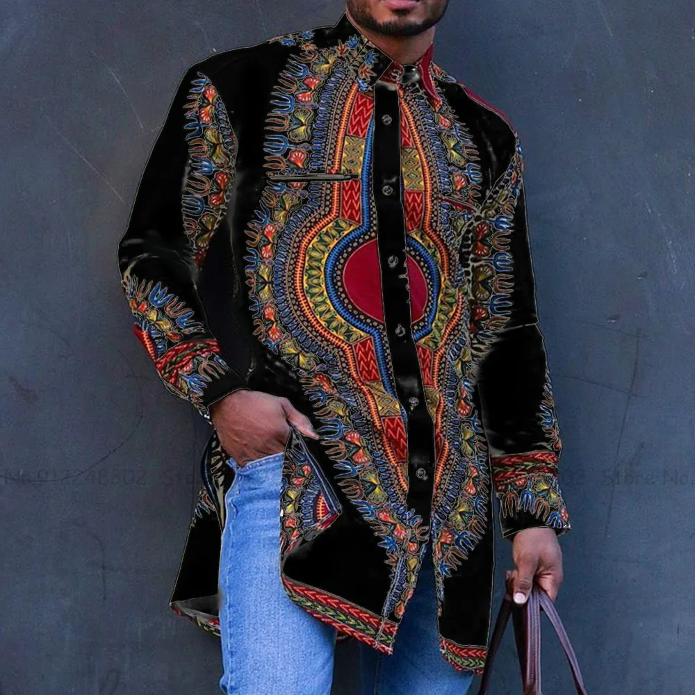 Męski modny nadruk Dashiki Tshirt muzułmańska koszulka z długim rękawem topy islamski dubaj arabski czeski wygodna bluzka koszule ubranie afrykańskie