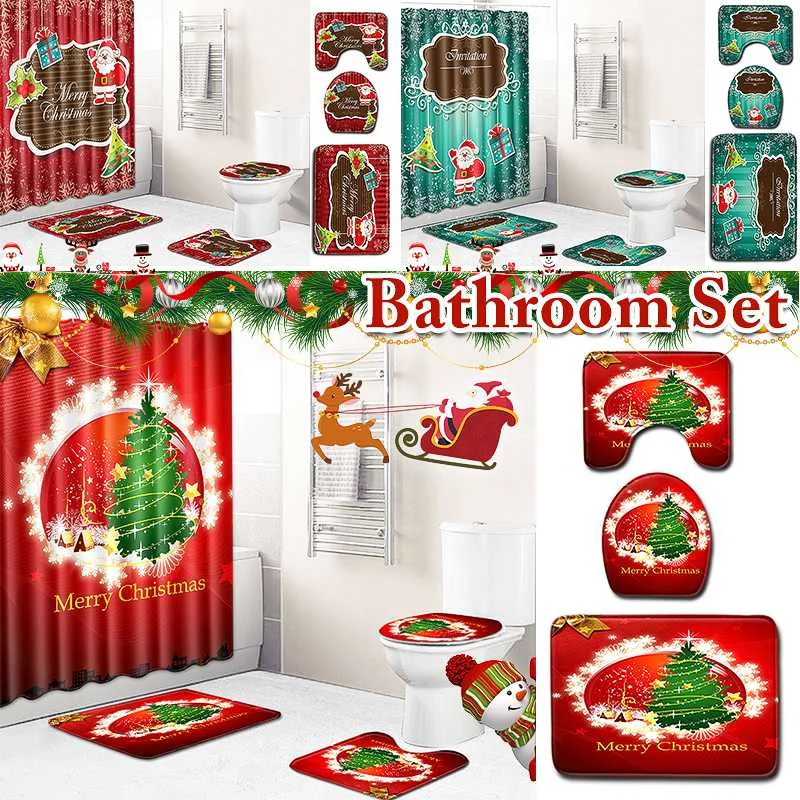 4Pcs Bathroom Santa Claus Shower Curtain Non Slip Lid Toilet Cover Rugs Mat Set