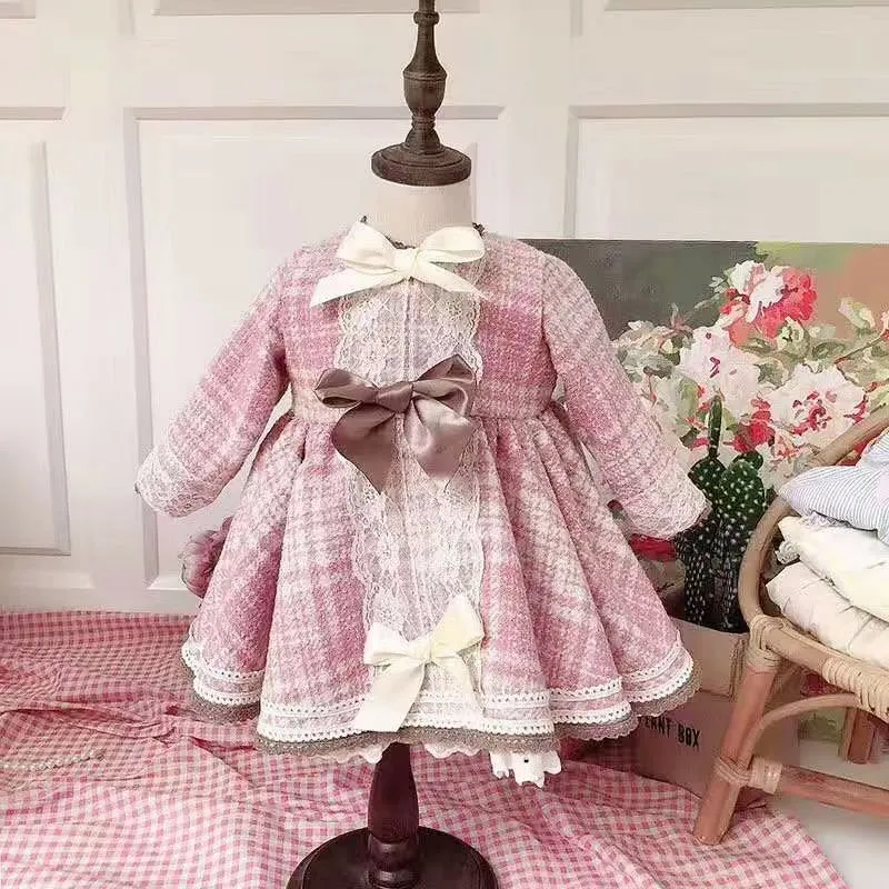 3 предмета, осенне-зимнее От 0 до 7 лет платье в Испанскую клетку для маленьких девочек Loilta/вечерние многослойные платья с розовым бантом, милое хлопковое праздничное платье принцессы