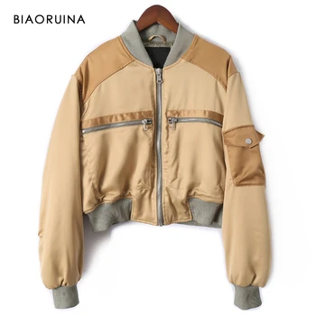 

BIAORUINA Women Khaki Patchwork Smooth Thick Short Jacket Female Autumn Winter Bomber Jacket Stnad Collar Oversized Coat