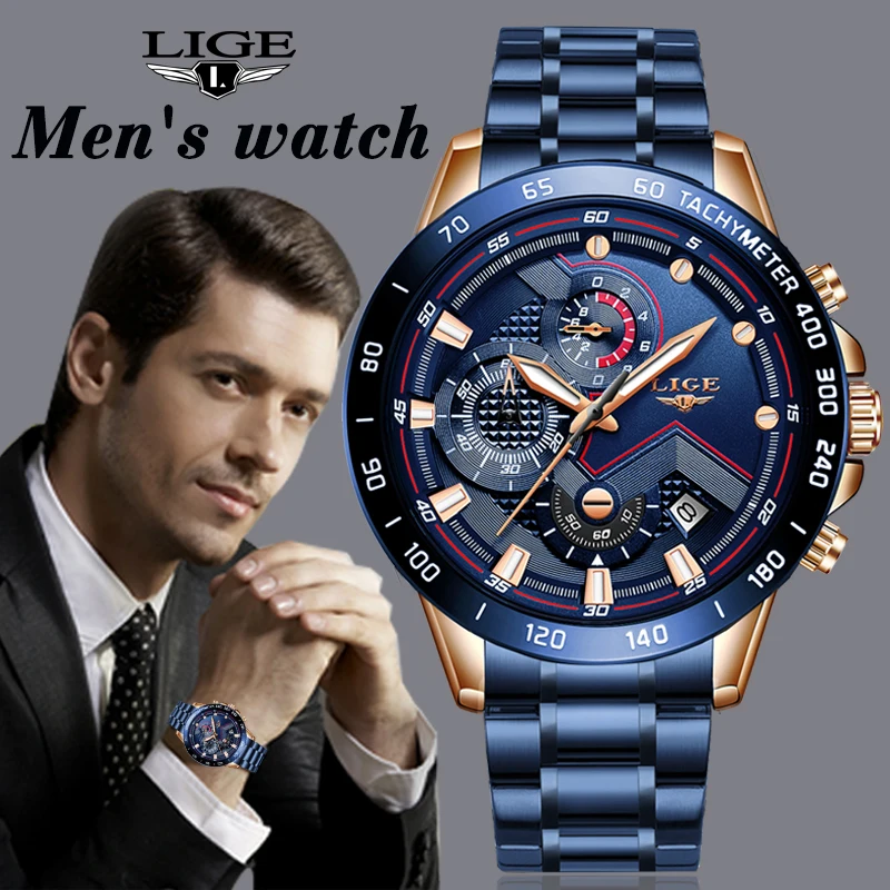 

LIGE New Business Men Watch Luxury Brand Stainless Steel Wrist Watch Chronograph Army Military Quartz Watches Relogio Masculino