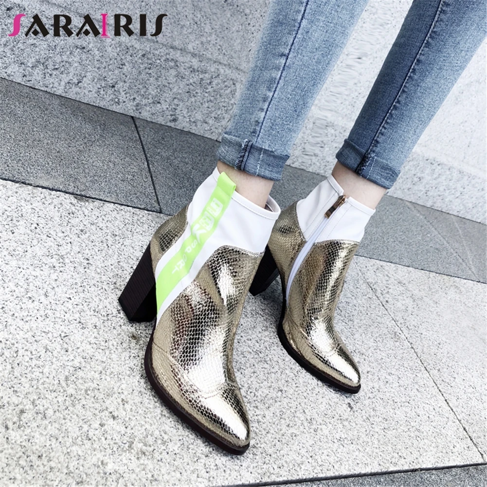 

SARAIRIS New Autumn Luxury Patchwork Sock Booties Ladies Large Size 34-42 High Heels Ankle Boots Women 2019 Ol Shoes Woman