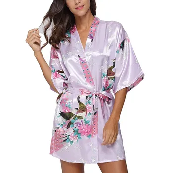 

Sexy Mini Kimono Robe Satin Purple Plus Size Print Women Sleepwear Bathrobe Gown Bride Bridesmaid Wedding Robe Intimate Lingerie