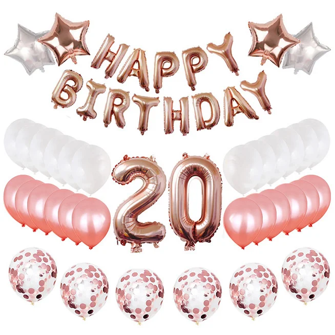 

37pcs 20 Years Old Happy Birthday Balloon Set Rose Gold Pink Blue 16 Inch Birthday Letter Birthday Party Decoration Balloon Set