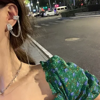 

One Piece Geometric Rhinestone Ear Cuff Clip Earrings For Women Girls Punk Chain Line Tassel Long Earrings Fashion Jewelry