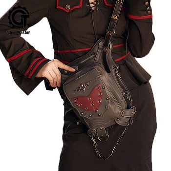 

SteamPunk Fanny Pack Hip Lap Waist Packs Red Bat Rivets Crossbody Bag Vintage Leather Leg Bag Multifunctional Thigh Bag