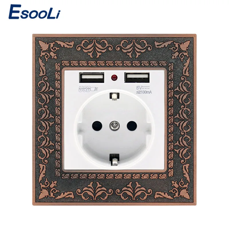 USB Red Socket Esooli Высококачественная ретро-панель из цинкового сплава 16A белая стандартная электрическая розетка европейского стандарта с двумя usb-портами для зарядки настенная розетка - Тип: USB Red Socket