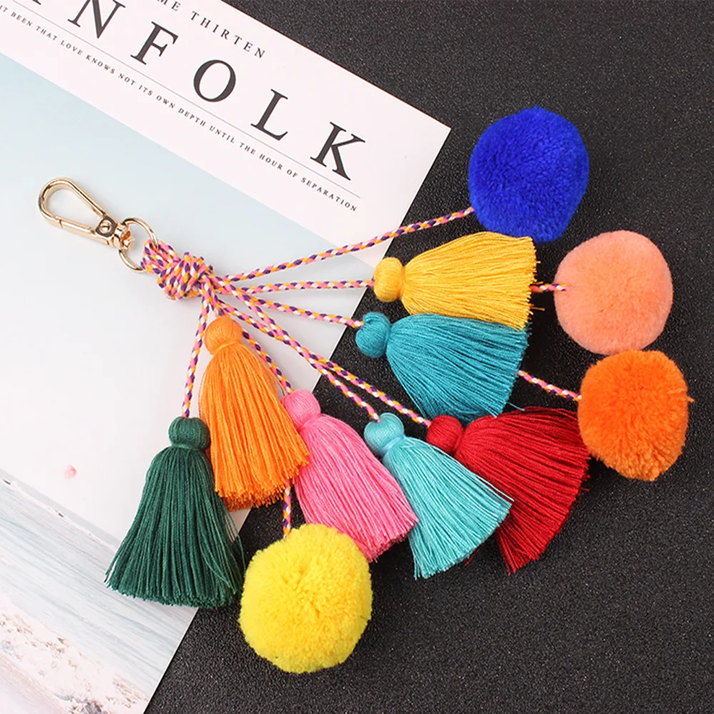 

Fashion Handmade Tassels Pendant Bohemian Color Multilayer Tassels Hair Ball Bag Pendant Keychain Pendant