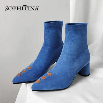 

SOPHITINA Women's Sock Bootie Suede Leather Ankle Boots Pointed Toe Round Heel Fashion 2020 Autumn Shoes Blue Women Shoes PO727