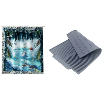 

180X180cm Bathroom Shower Curtain Dolphin Print Durable & Silicone Dish Drying Mat Flume Folding Draining Mat