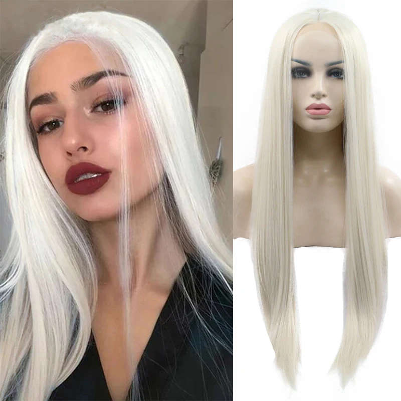 

60# White Blonde Synthetic Lace Front Wig Long Straight 613 Frontal Glueless Cosplay HD Transparent Wigs For Black Women Hair