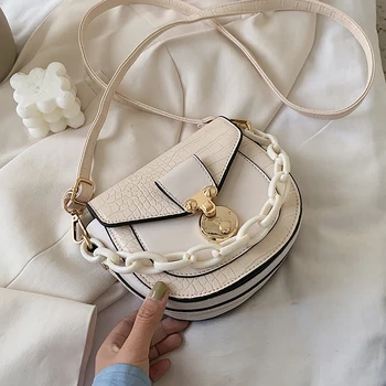

Contrast Color Chain Design Solid Color Mini PU Leather Saddle Crossbody Bags For Women 2020 Fshion Summer Shoulder Handbags