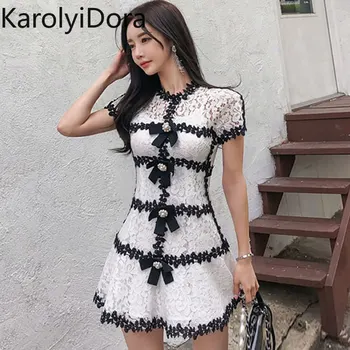 

Women's Mini dress 2020 Spring Summer New Hollow Out Full Lace Two Piece Vestidos A-Line Mini Bowknot Princess Sexy Dress