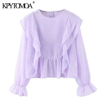 

KPYTOMOA Women 2020 Fashion Ruffled Dot Chiffon Blouses Vintage O Neck Long Sleeve Female Shirts Blusas Chic Tops