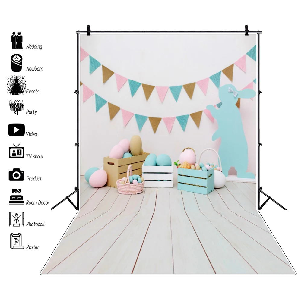 

Easter Backdrop For Photography Gray White Wooden Floor Easter Festivals Rabbit Party Baby Portrait Photo Background Photostudio