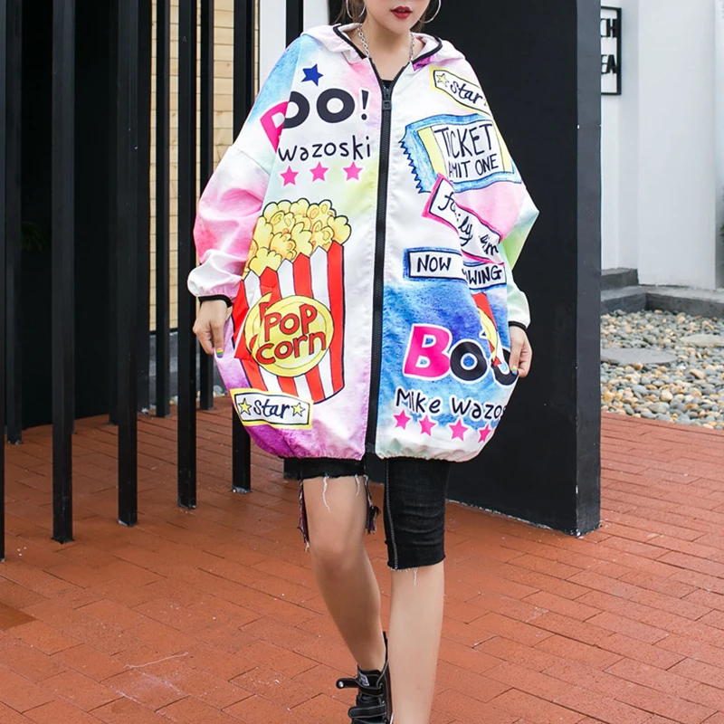 Harajuku куртка с принтом Женская мода с капюшоном негабаритных свободные Весенние повседневные тонкие длинные куртки женские ветровки пальто для женщин s
