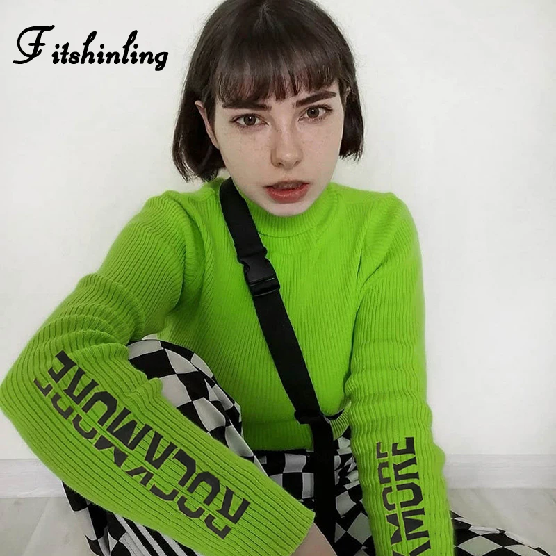 

Fitshinling Autumn Winter T Shirt Women Harajuku Neon Green Tops Female T-Shirt Letter Print Turtleneck T-Shirts For Women 2019