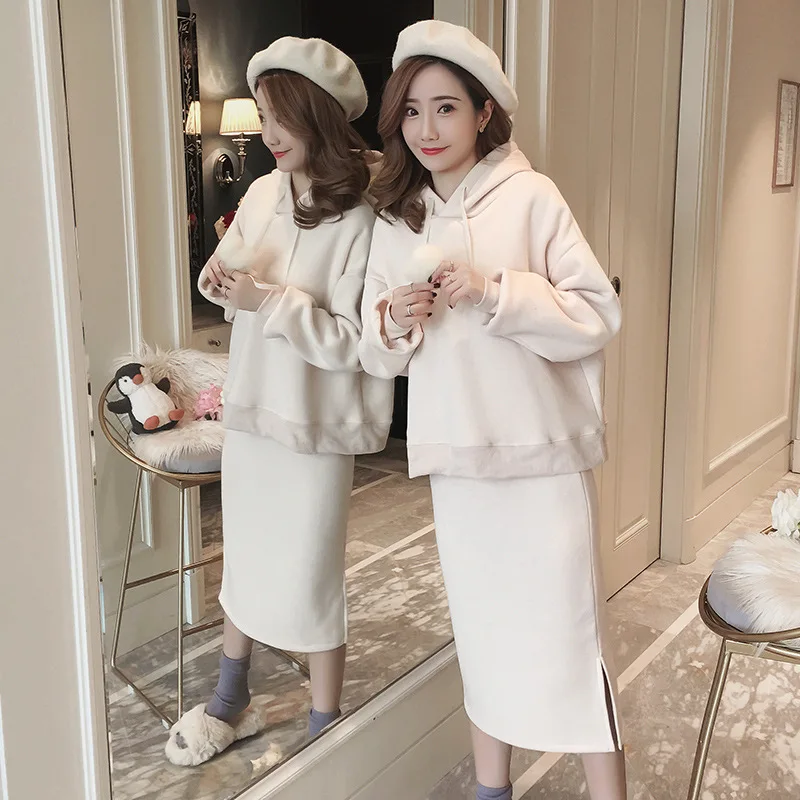 

Maternity Clothes Autumn And Winter Tops Playful Loose-Fit plus Velvet Hoodie Abdominal Support Skirt Set Two-Piece Set