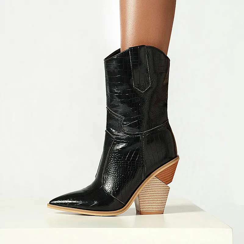 

Autumn Women Boots Pu Leather Wedge High Heel Ankle Boots Pointed Toe Winter Cowboy Boots Fashion Western Boots Black White 2019