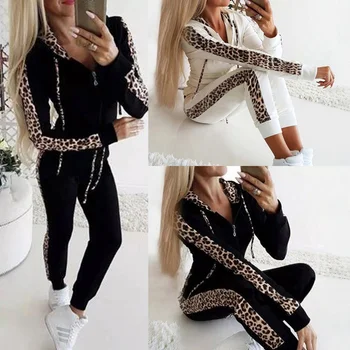 

Fashion Casual 2Pcs Women Leopard Long Seleeve Hoodies Sports Tops Pants Tracksuit Sweatshirt Sweat Suit Jogging