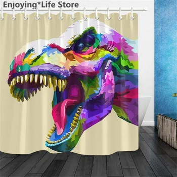 

Shower Curtain Set Colorful Dinosaur Head Pattern Shower Curtain Bathroom Bath Mat Rugs Waterproof Fabric with Mat 12 Hooks