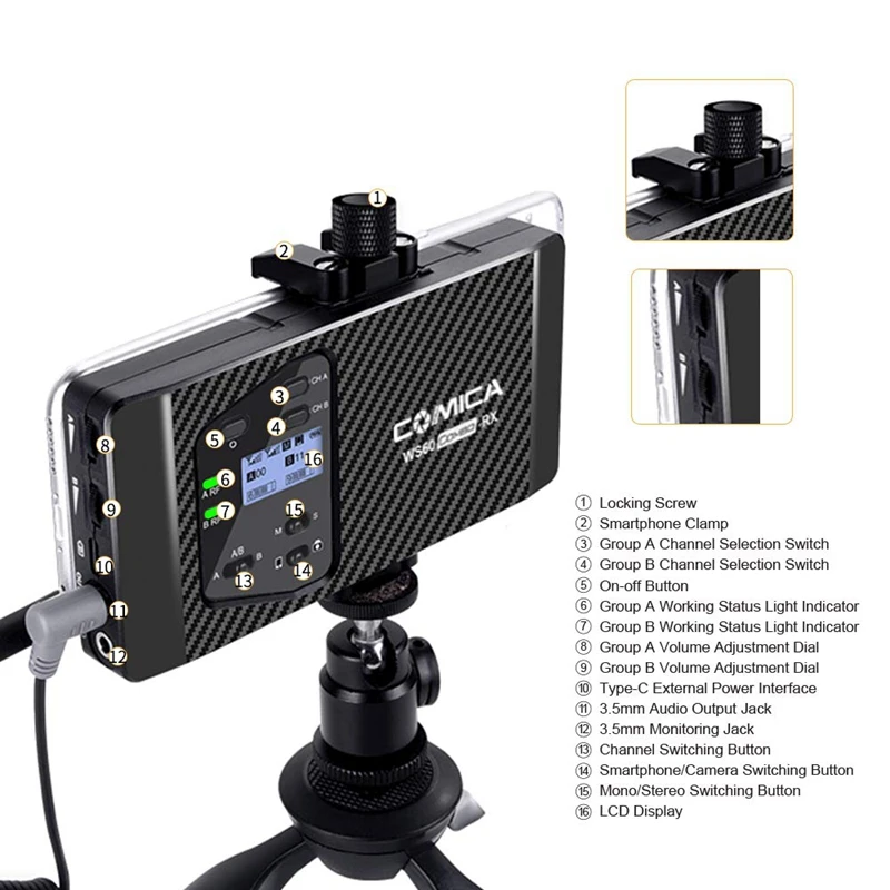 

Comica Cvm-Ws60 Mini Wireless Microphone System (Two Transmitters One Receiver) for Smartphones and Cameras, Uhf 12 Channels 60M