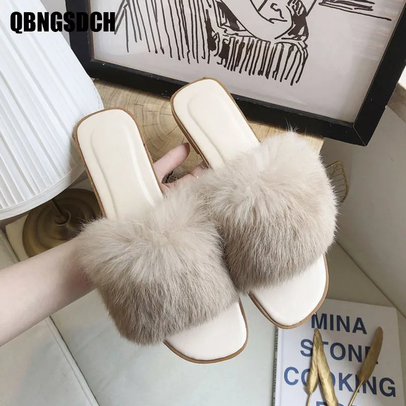 

Plush Women Slippers New Flat Bottom Furry Cute Home Slippers Candy Color Wear Fashion Flat Slippers Women Fur Female Sandals
