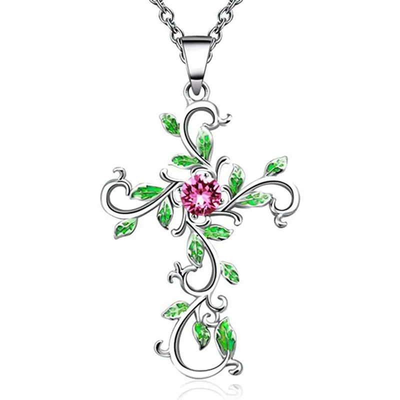 Flower Cross Crystal Necklaces Gold Silver Color Vine Leaf Pendant Neckalces for Women Creationary Jewelry | Украшения и