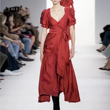 

VGH Korean Elegant Lace Up Women Dresses V Neck Puff Short Sleeve High Waist Slim Midi Dress Female Fashion 2020 Spring New