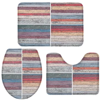 

Plank Shabby Retro Stripes Bath Set Toilet Cover Mat Pedestal Rug Non-Slip Bathroom Rug Set
