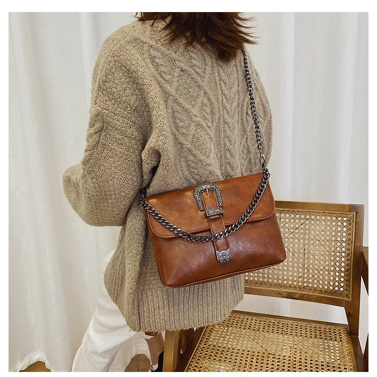 Vintage Messenger Bags Women Leather Chain Cross Body Brand Bag for Female Shoulder Messenger Bags with Strap Buckle Brown Black (16)