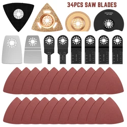 34 lâminas de serra de oscilação da precisão do renovador multitool do conjunto da lâmina de serra dos pces com papel da areia do dedo para o metal/pvc/madeira/corte da telha