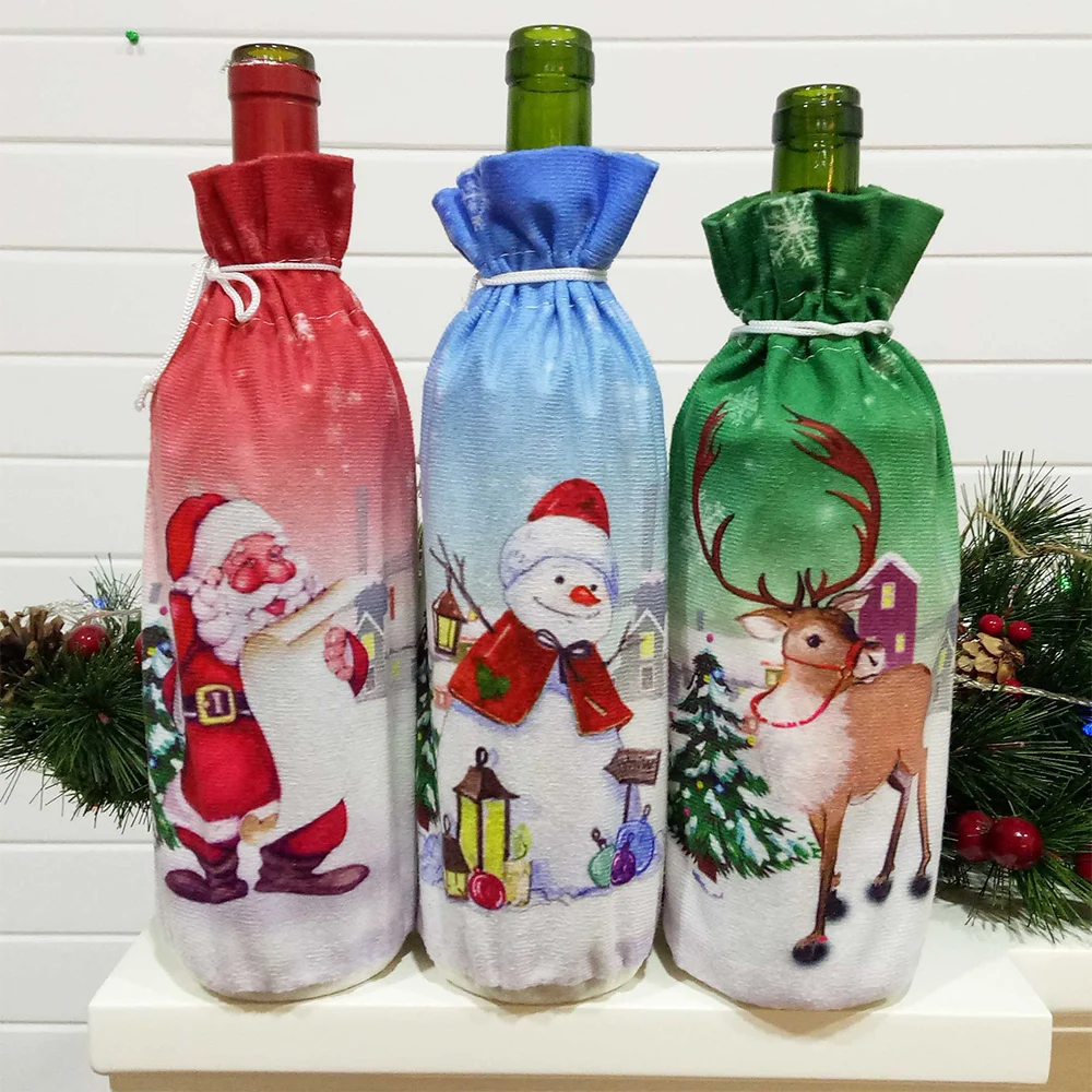 Рождественские красные чехлы для винных бутылок сумка Санта Клаус Снеговик льняные Чехлы для бутылки шампанского Рождественская вечеринка домашний декор стол