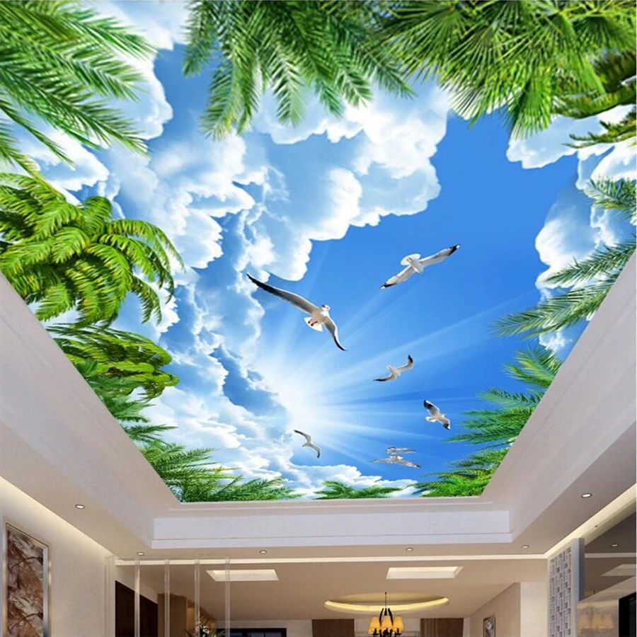 beibehang Custom wallpaper 3d обои coconut tree blue sky white cloud seagull ceiling zenith mural living room bedroom | Обустройство