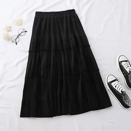 Женская плиссированная юбка TIGENA, длинная юбка из бархата с высокой талией для женщин на осень-зиму - Цвет: Черный