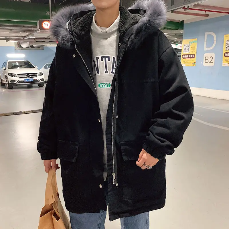 

Winter Long Denim Coat Men's Parka Warm Fashion Casual Fur Collar Hooded Coat Men Cotton Thick Jacket Mens Overcoat Clothes