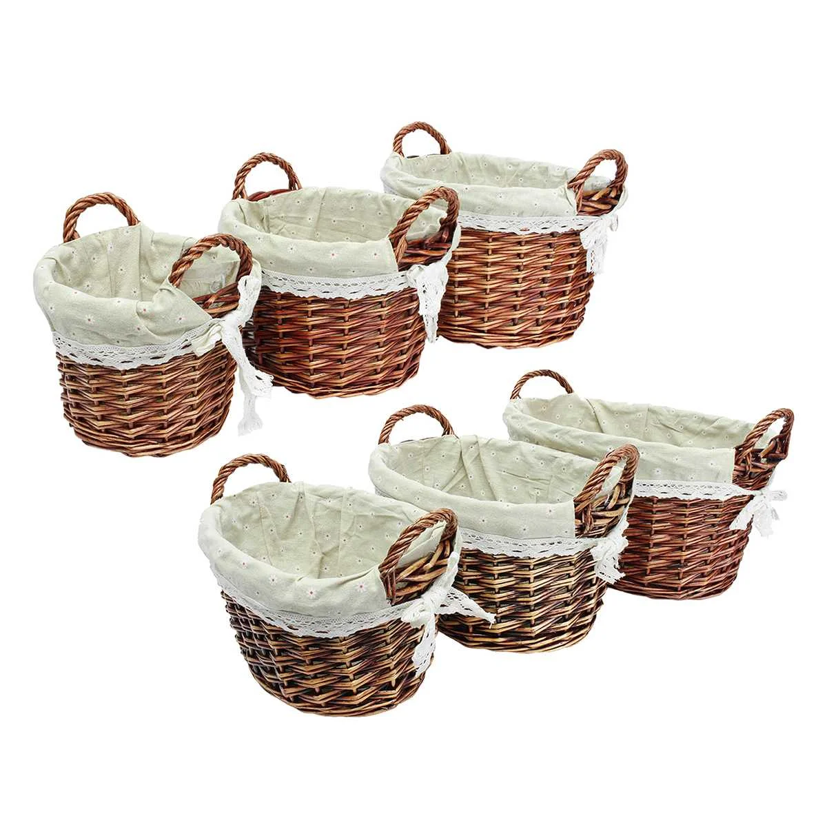 

3PCS Storage Baskets Hand-woven Willow Wicker Polyester Liner Storage Basket Organizer Lining Case Box Holder Set Round/Oval