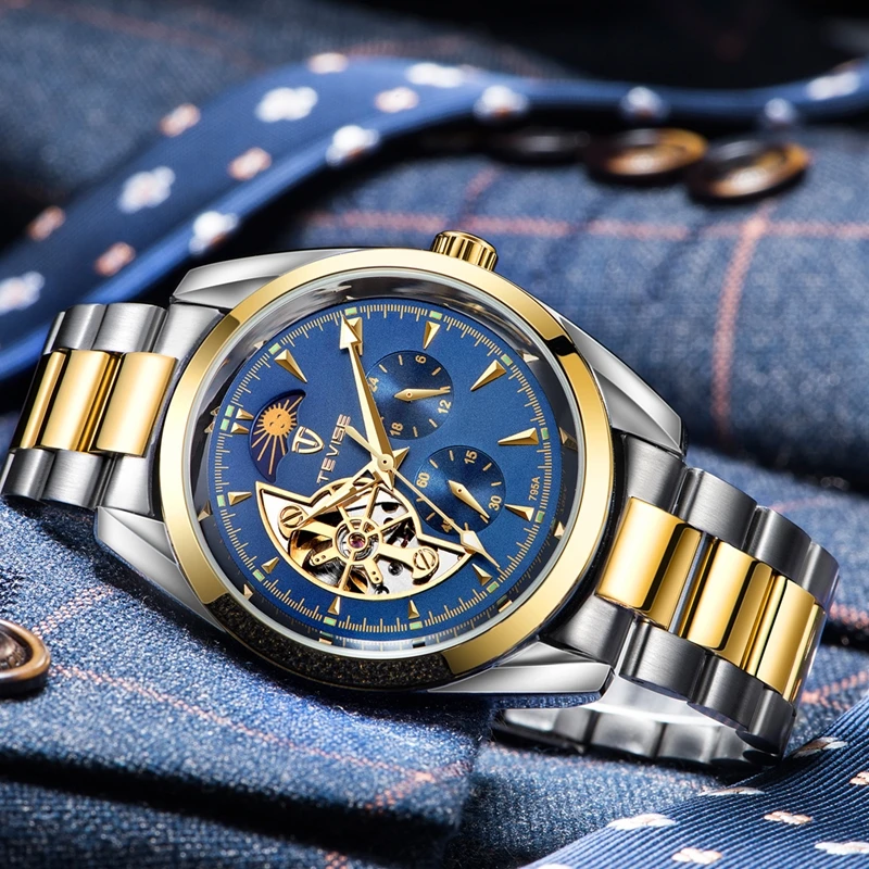 

TEVISE Luxury Skeleton Automatic Mechanical Watch Men Fashion Stainless Steel Moon Phase Waterproof Chronograph Watch Relogio
