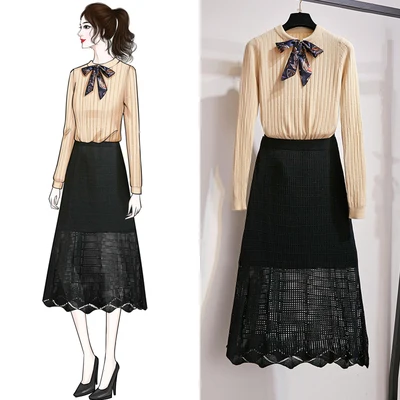 

Knit Patchwork Print Bowknot Sweaters Tops+Hollow Out Elastic High Waist Knitted Midi Skirts Women Fashion Autumn Winter Sets