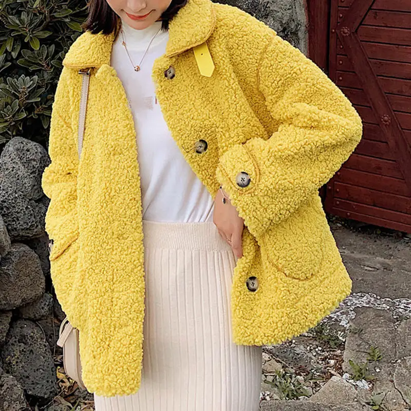 RealShe зимняя куртка для женщин с лацканами и длинными рукавами, пуговицами и карманами, шерстяные пальто и куртки для женщин, осенне-зимнее повседневное шерстяное пальто для женщин - Цвет: yellow coat women