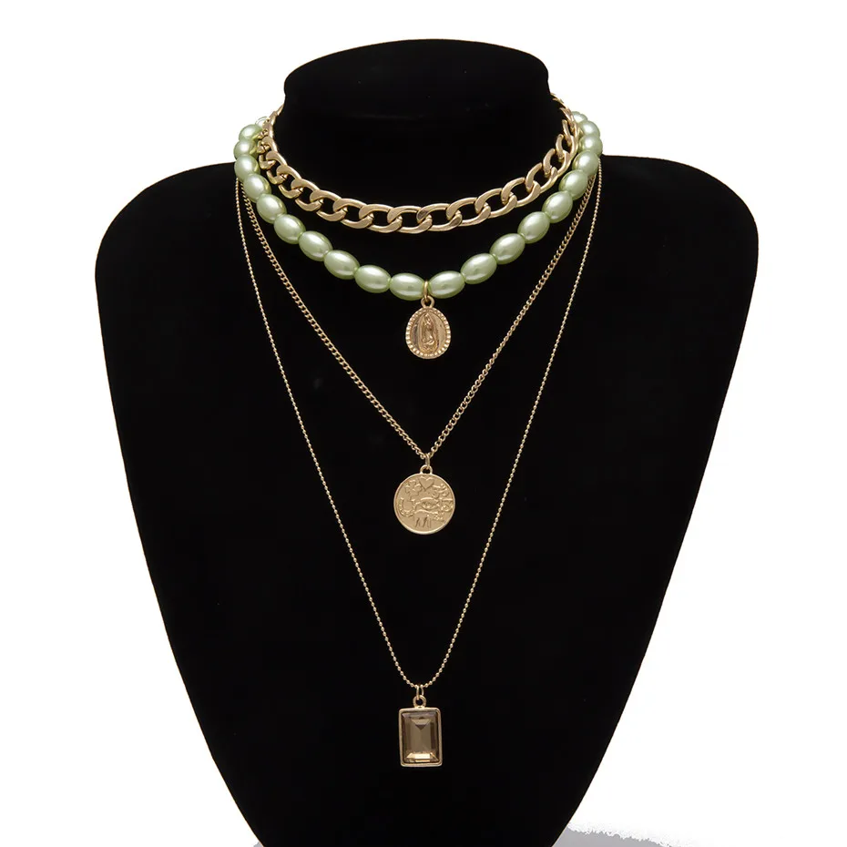 Готическое колье-чокер с жемчугом и кристаллами в стиле барокко, многослойное ожерелье с кулоном в стиле Девы Марии - Окраска металла: Green Pearl