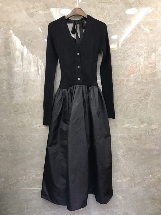 Ранняя осень, новое женское трикотажное платье с v-образным вырезом, а-маятник, с длинными рукавами 902