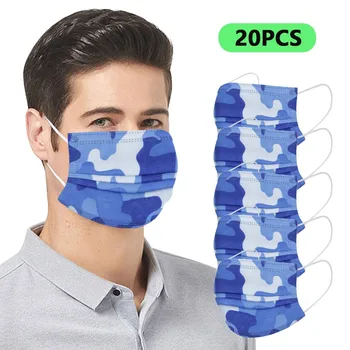 

20 Pcs Disposable Face Mask Blue Camouflage Mascarillas Non-Woven 3 Layer Face Masks For Germ Protection For Adults Flag Bandana