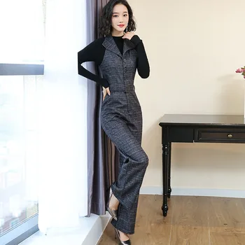 

2019 New Women Sleeveless Vest Jumpsuit Slim Fit Belt Woolen Plaid Wide Leg Pants Overalls Office Lady Elegant Workwear Jumpsuit