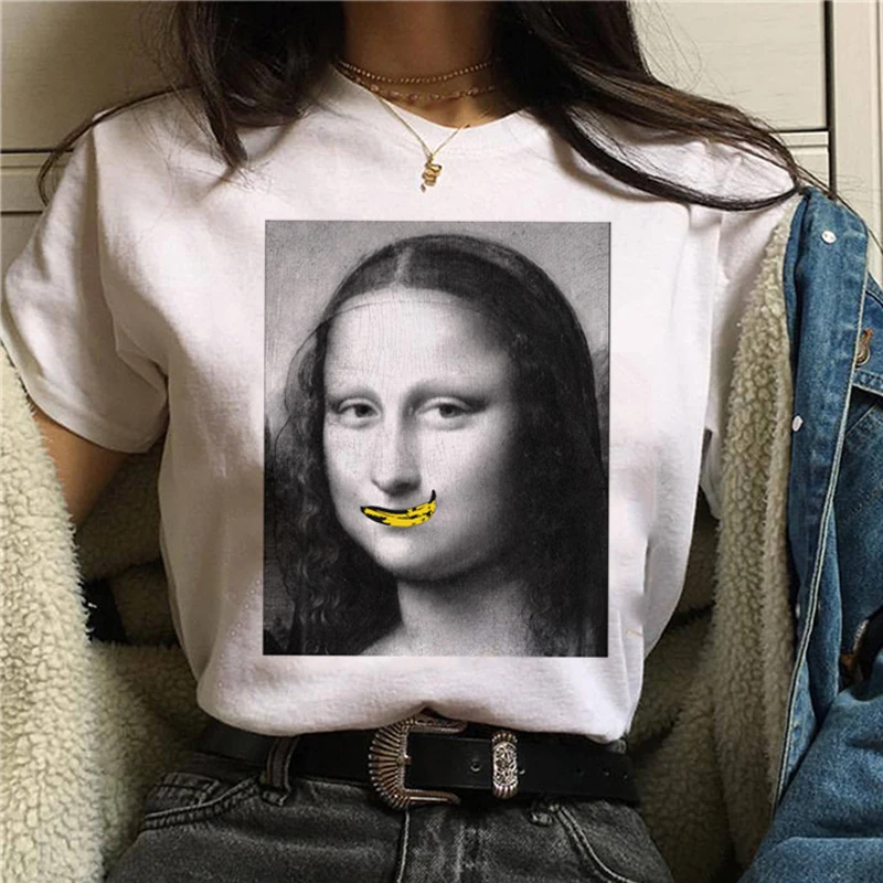 Mona Lisa Эстетическая Harajuku футболка женская Ullzang винтажная графическая футболка Веселая мультяшная футболка 90s корейский стиль Топы Футболки женские