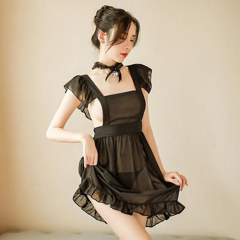 

Chiffon See Through Sexy Women's French Maid Uniform Babydoll Temptation Halloween Costume Women Exotic Servant Cosplay Lingerie
