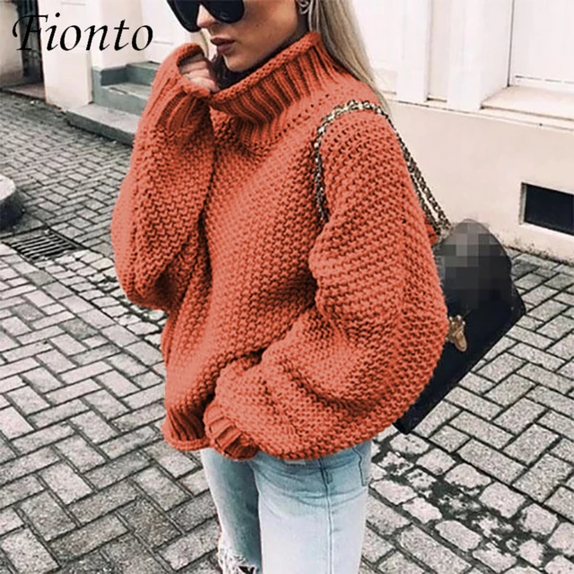 Fionto Oversize Turtleneck Knitted Sweater Winter Knitwear Plus Size S-3XL  Slim Solid Bat Sleeve Loose